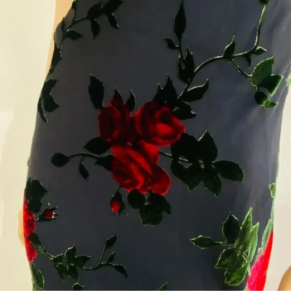 Vintage 90’s Betsey Johnson NY Dress Black Red Rose Mesh Velvet Burnout Sz L - Picture 4 of 13